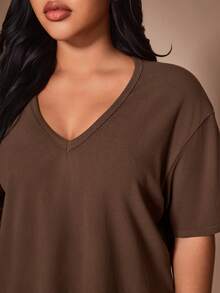Lazeform Conjunto de Pijama Casual Plus Size Feminino Ultra Macio e Fofinho em Cor Sólida para Loungewear - Café - Visão 4