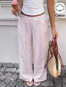 Sunnyshic Women's Spring/Summer Pink Striped Fabric Long Pants, Low Waist Side Tie Straight Leg Retro Casual Cute Vacation Beach Home Daily Versatile - Pink - View 1