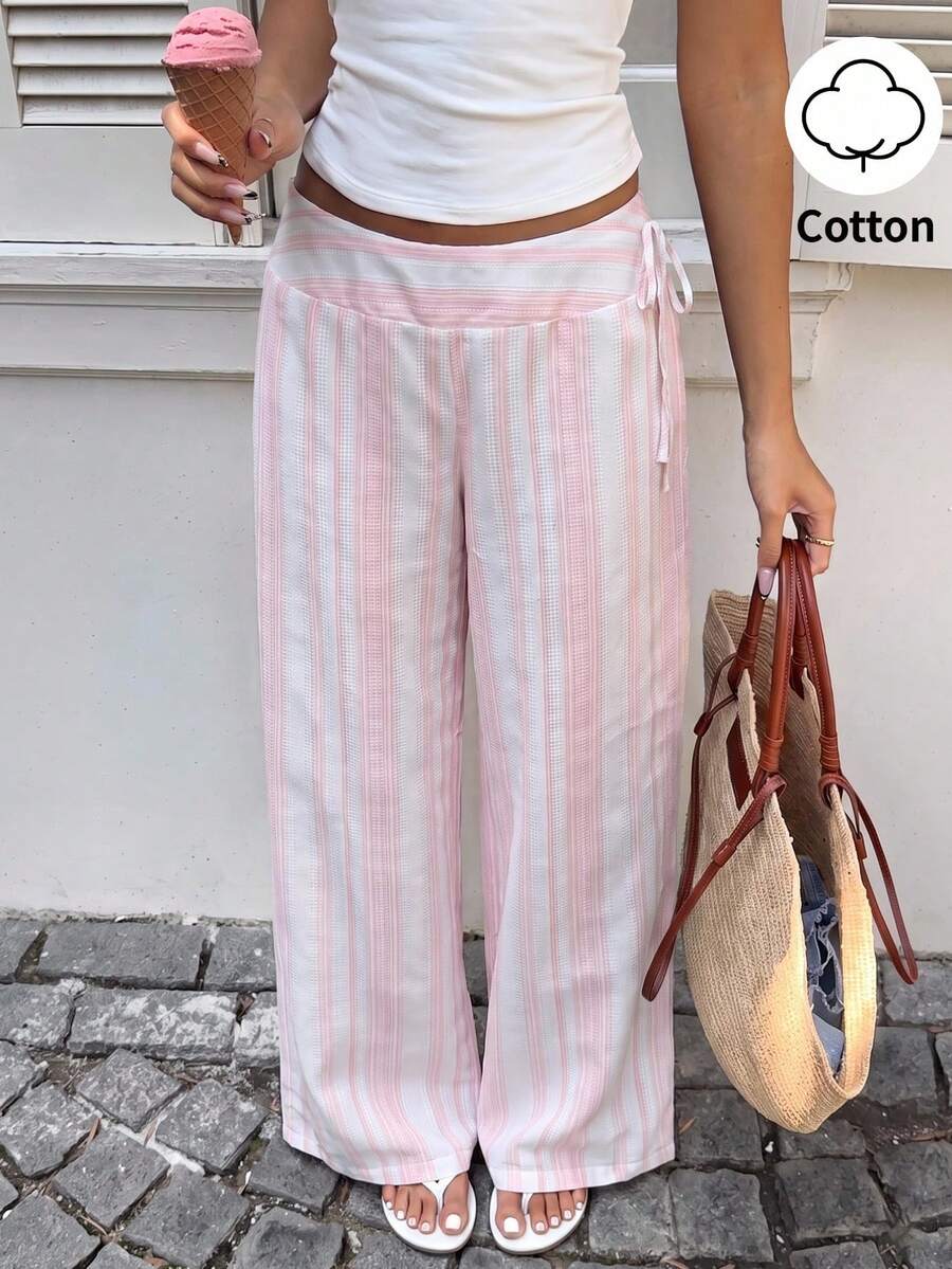 Sunnyshic Women's Spring/Summer Pink Striped Fabric Long Pants, Low Waist Side Tie Straight Leg Retro Casual Cute Vacation Beach Home Daily Versatile - Pink - View 1