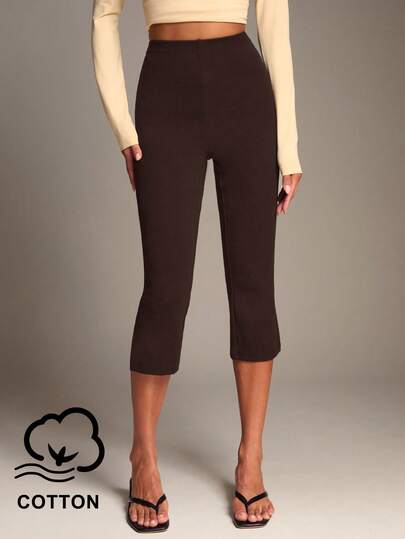 SHEIN BAE Pantalones capri de largo medio con abertura lateral para mujer, estilo casual elegante, moda para ir al trabajo, salidas, verano, brunch, almuerzo y uso diario, color marrón
