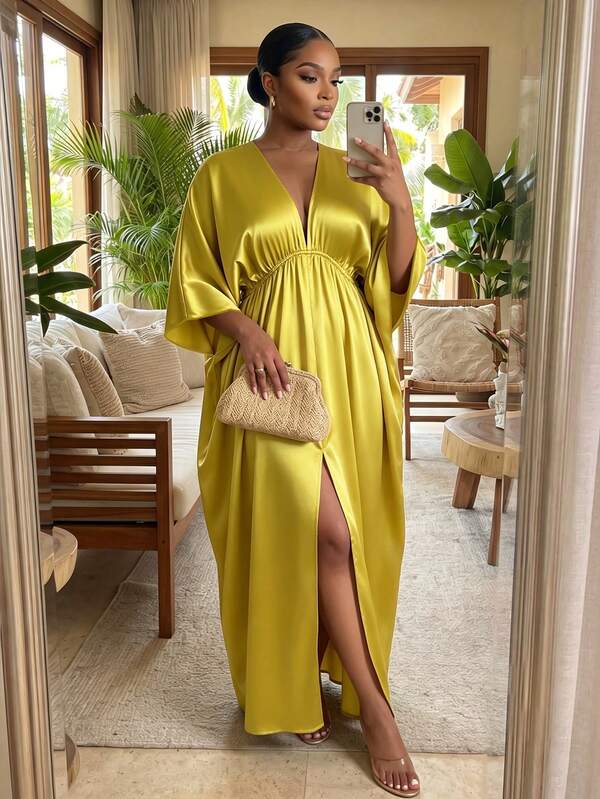 SHEIN Lady Women's Elegant Solid Color Batwing Sleeve Dress