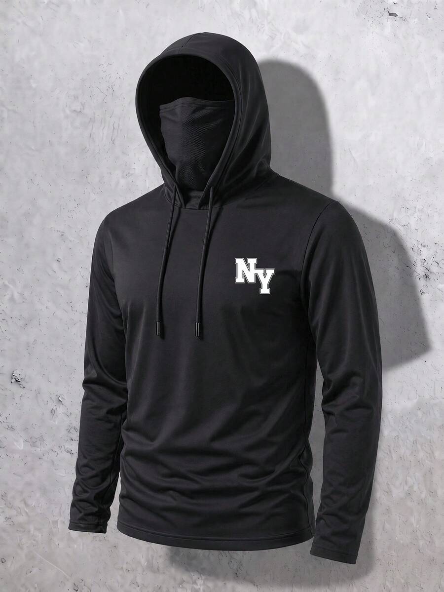Manfinity Homme Men's Letter Print Built-In Face Mask Drawstring Hooded Long Sleeve Sun Protection Swim Top - Black - View 1