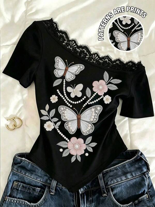 Teen Girls Lace Patchwork Floral Butterfly Pattern Casual T-Shirt, Summer, Outfit, Knit, Back To School, Vacation, Oversized, Tank, Send One Randomly