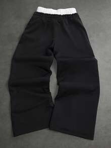 SLATEMANN 男士拼色腰帶字母刺繡運動長褲 - 黑色 - 查看 2
