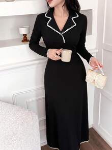 Feyla Robe d'automne nouvelle à blocs de couleurs avec garniture pied-de-poule, taille marquée, coupe évasée, confortable, décontractée et élégante - Noir - Voir 2