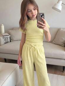 SHEIN 兒童女童純色短袖T恤與長褲休閒套裝 - 芥末黃 - 查看 1