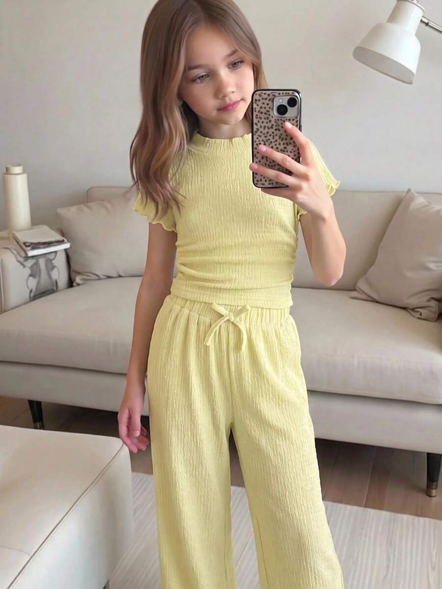 SHEIN 兒童女童純色短袖T恤與長褲休閒套裝 - 芥末黃 - 查看 1