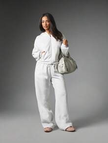 Missguided x Playboy Full-Zip Crop Hoodie With Embroidered Script Logo Front And Back Oversized Fit Long Sleeve Side Pockets - Light Grey - View 3