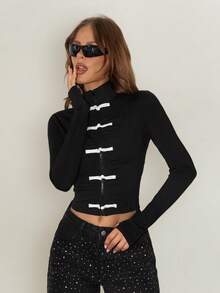 SHEIN ICON Women's Frog Button Design Long Sleeve Zipper Front Lightweight Jacket - Black and White - View 8