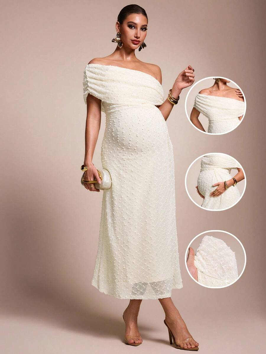MaterniChic Maternity Solid Color Asymmetric Neck Casual Party Baby Shower Photoshoot Wedding Dress