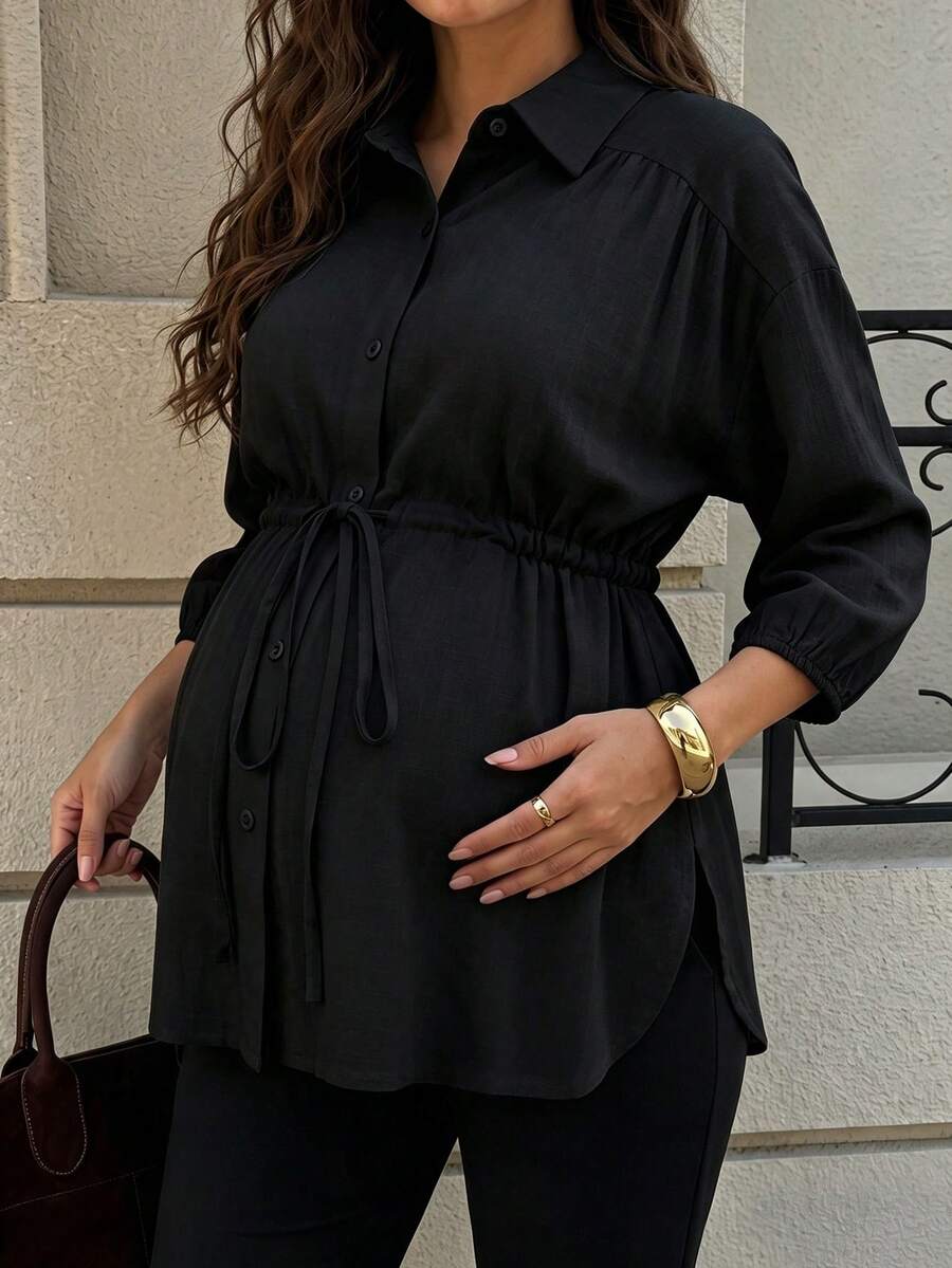 MaterniWear Atasan Hamil Wanita Kasual Longgar dengan Kerah Lipat dan Tali Serut, Model Tenun Warna Polos yang Modis untuk Aktivitas Luar Ruangan - Hitam - View 1