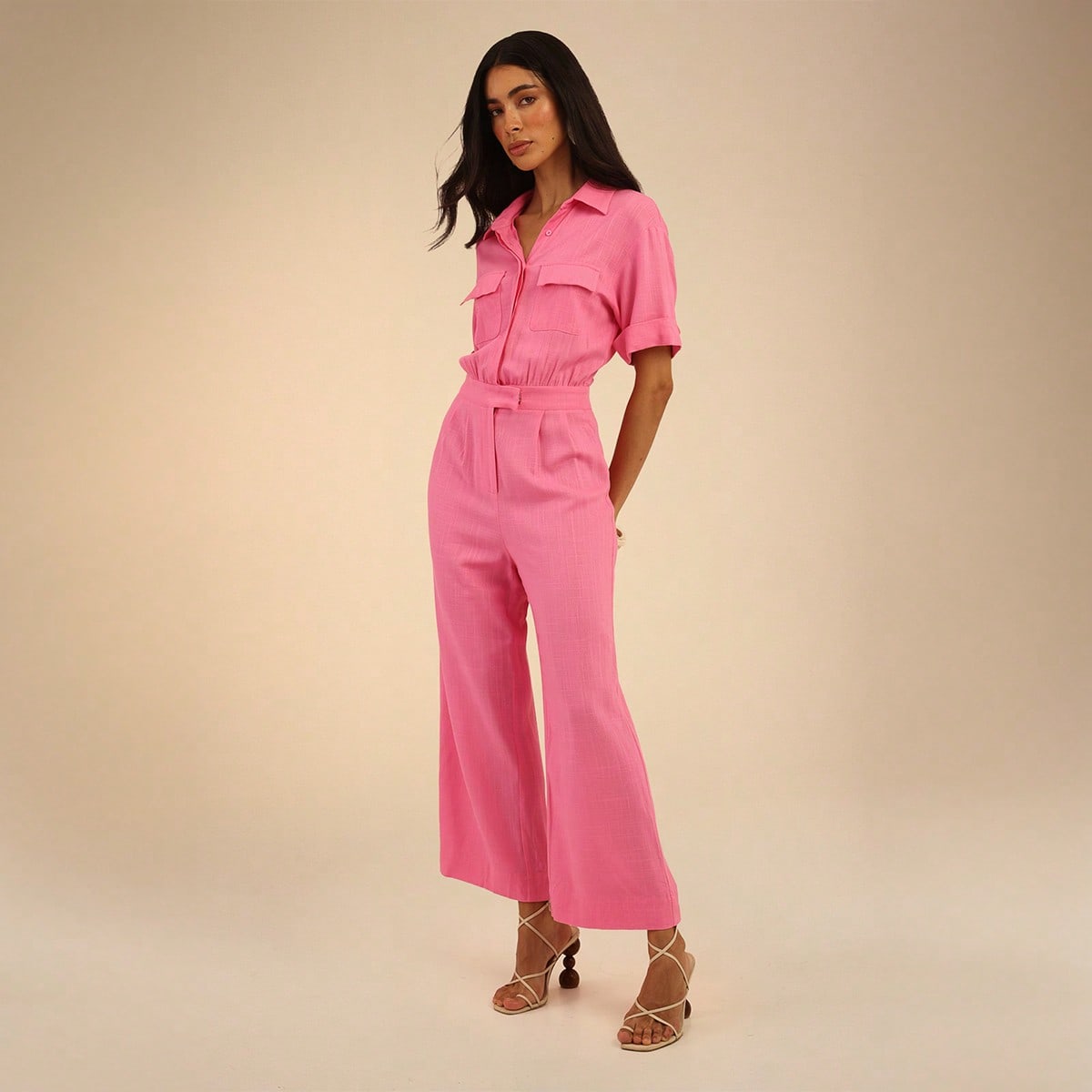Hot Pink Linen Jumpsuit With Fold Over Sleeve, Summer Outfits For Women, Wedding Vacation Guest Holiday Outfits Casual