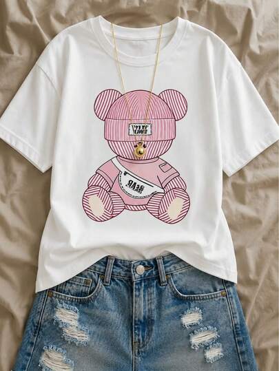 PLAYERA DE DAMA MODA CASUAL CON DISEÑO OSO GORRO Básica Con Estilo Primavera Verano Para Uso