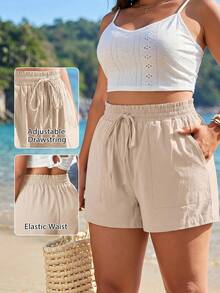 SHEIN Tall CURVE CURVE 大尺碼女款高個純色極簡休閒米色高腰短褲，夏季四季通用海灘度假，老錢風 - 杏色 - 查看 12