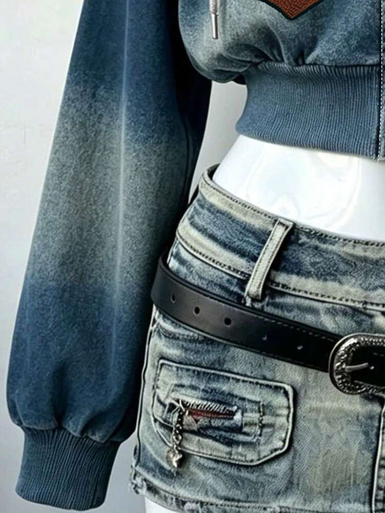 Lalippa 女款外套上衣，秋季新款，適合秋冬，購物與街頭穿搭，戶外攝影，街頭時尚，圖案設計，藍色，字母印花，條紋，連帽衛衣，女款短版衛衣 - 彩色 - 查看 3