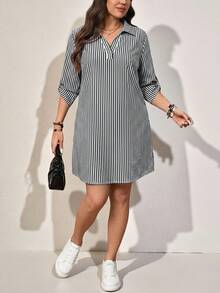 SHEIN LUNE 大码女式条纹卷袖休闲宽松连衣裙 - 黑與白 - 查看 6