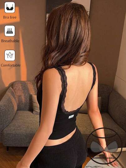 DAZY Women's Lace Patchwork Hollow Back Fitted Solid Color Sleeveless Camisole Tank Top