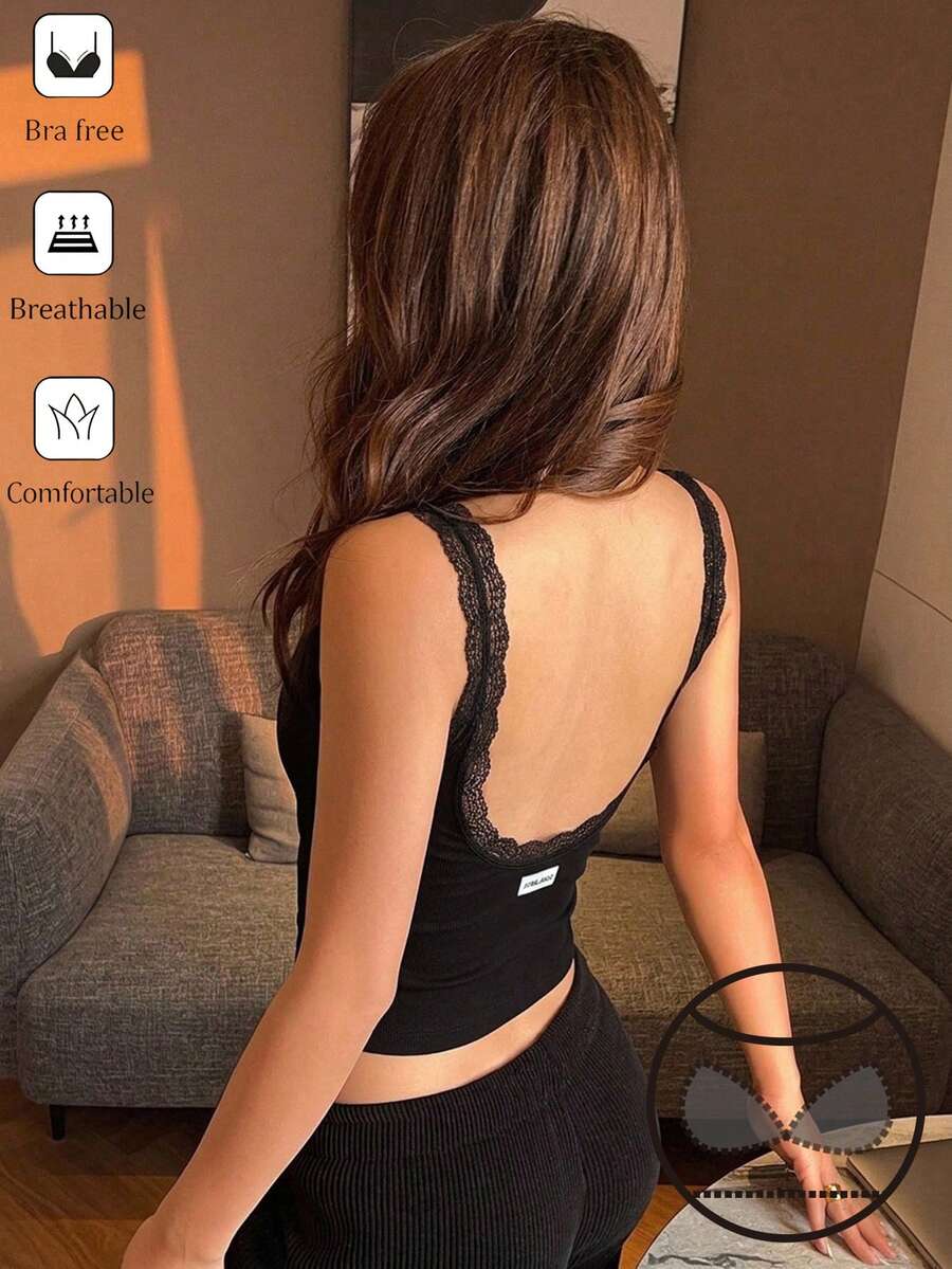 DAZY Women's Lace Patchwork Hollow Back Fitted Solid Color Sleeveless Camisole Tank Top - Black - View 1