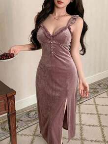 DAZY 女款蕾絲拼接修身無袖露背睡裙家居服 - 淺灰紫 - 查看 5