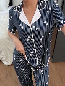 Dream Adore 條紋愛心印花法式浪漫休閒居家服套裝 - 藍色 - 查看 4