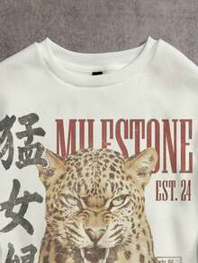 Attitoon Women's Crew Neck Letter & Animal Print Casual Daily Long Sleeve Sweatshirt - White - View 5