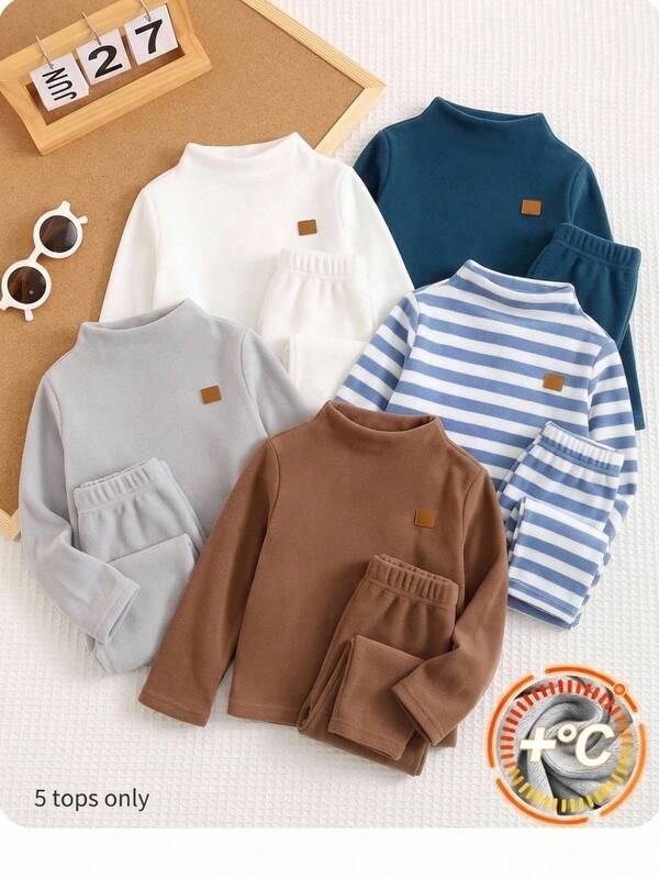 SHEIN 5pcs/Set Baby Boy Baby Girl Autumn/Winter Cute Knitted Elastic Black & White Striped Mid-High Neck Thick Long Sleeve Top  Outings Warm Comfy Soft