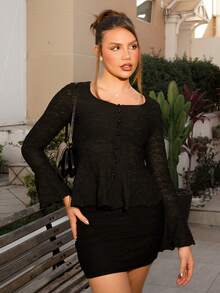 Vivi Wanderley Cárdigan negro casual de primavera y verano con mangas acampanadas, blusa elegante de encaje con textura de dobladillo fruncido y plisado, adecuado para el Día de San Valentín, bodas, fiestas - Negro - Ver 5