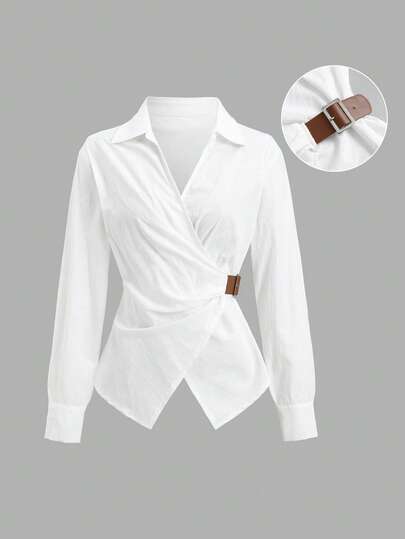 Sweetra Autumn New Small V-Neck POLO Collar Tie Waist Buckle Design Minimalist Fashion Gentle Elegant White Women's Long Sleeve Shirt