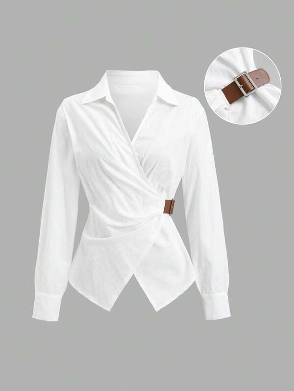 Sweetra Autumn New Small V-Neck POLO Collar Tie Waist Buckle Design Minimalist Fashion Gentle Elegant White Women's Long Sleeve Shirt