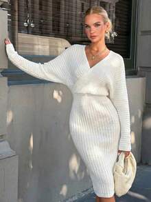 Chiquease Surplice Neck Batwing Sleeve Sweater Dress - White - View 1