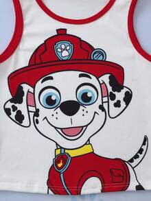 SHEIN | PAW Patrol Young Boy Cartoon Print Colorblock Crew Neck Tank Top And Shorts Loungewear Set - Red and White - View 5