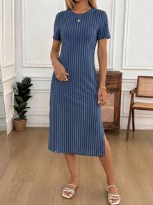 SHEIN LUNE 女款極簡日常條紋圓領短袖側開衩洋裝 - 彩色 - 查看 4