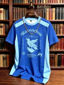 HARRY POTTER X SHEIN Manfinity Campus Court Kaos Lengan Pendek Pria Kasual Musim Panas dengan Motif Blok Warna dan Patchwork - MultiWarna - View 1