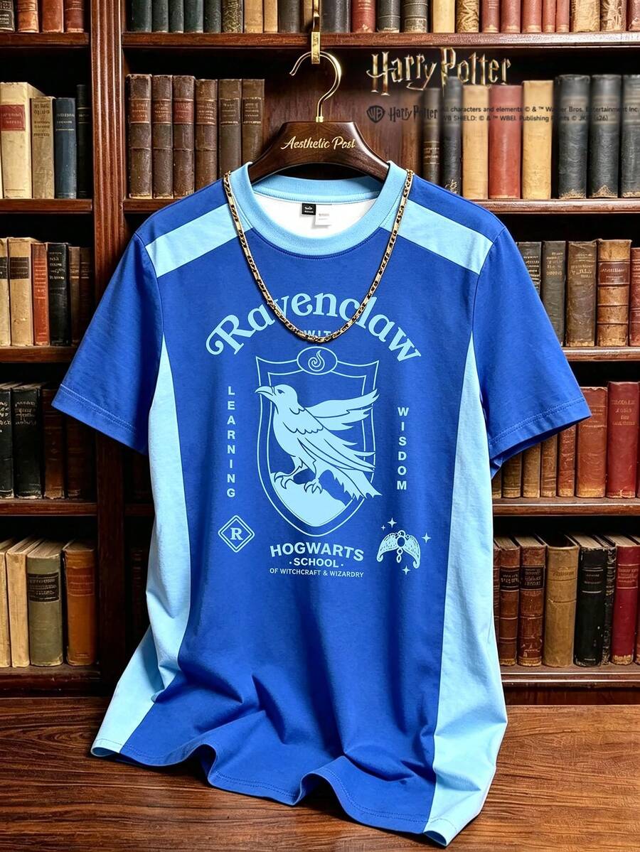HARRY POTTER X SHEIN Manfinity Campus Court Kaos Lengan Pendek Pria Kasual Musim Panas dengan Motif Blok Warna dan Patchwork - MultiWarna - View 1