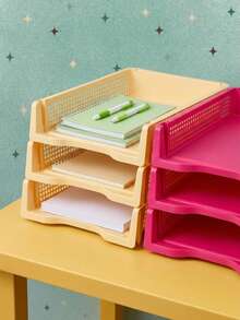 Joivida 3Pcs Stackable A4 Plastic File Trays, Multi-Layer Large Capacity Document Organizer, Sturdy Drop-Resistant Desktop Paper Storage Rack, Space-Saving Stackable Design, 4 Fresh Colors Available Blue Red Yellow Green For Office Desk Home Use - multicolor - View 2