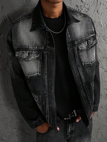 Manfinity EMRG Men's Long Sleeve Zipper Front Casual Loose Fit Denim Jacket