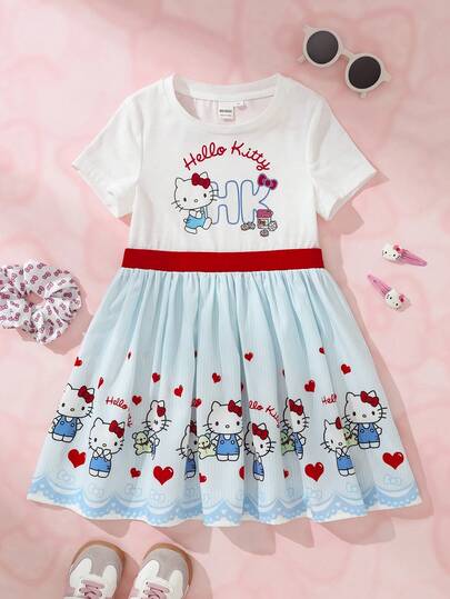 HELLO KITTY AND FRIENDS | SHEIN 1 buah Gaun Anak Perempuan Lucu dan Imut dengan Motif Kartun Blok Warna