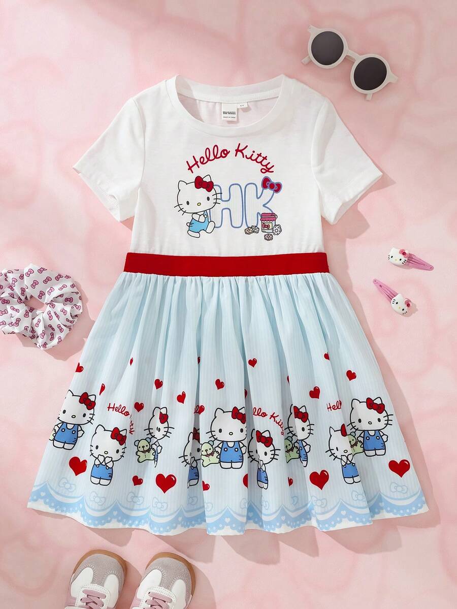 HELLO KITTY AND FRIENDS | SHEIN 1 buah Gaun Anak Perempuan Lucu dan Imut dengan Motif Kartun Blok Warna - MultiWarna - View 1