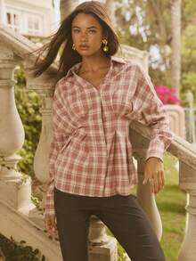 Aralina Women Winter Plaid Check Cinched Waist Shirt Long Sleeve Shirt Collared Plaid Shirt Feminine Fall Autumn Winter Holiday Pink Shirt - Pink - View 5
