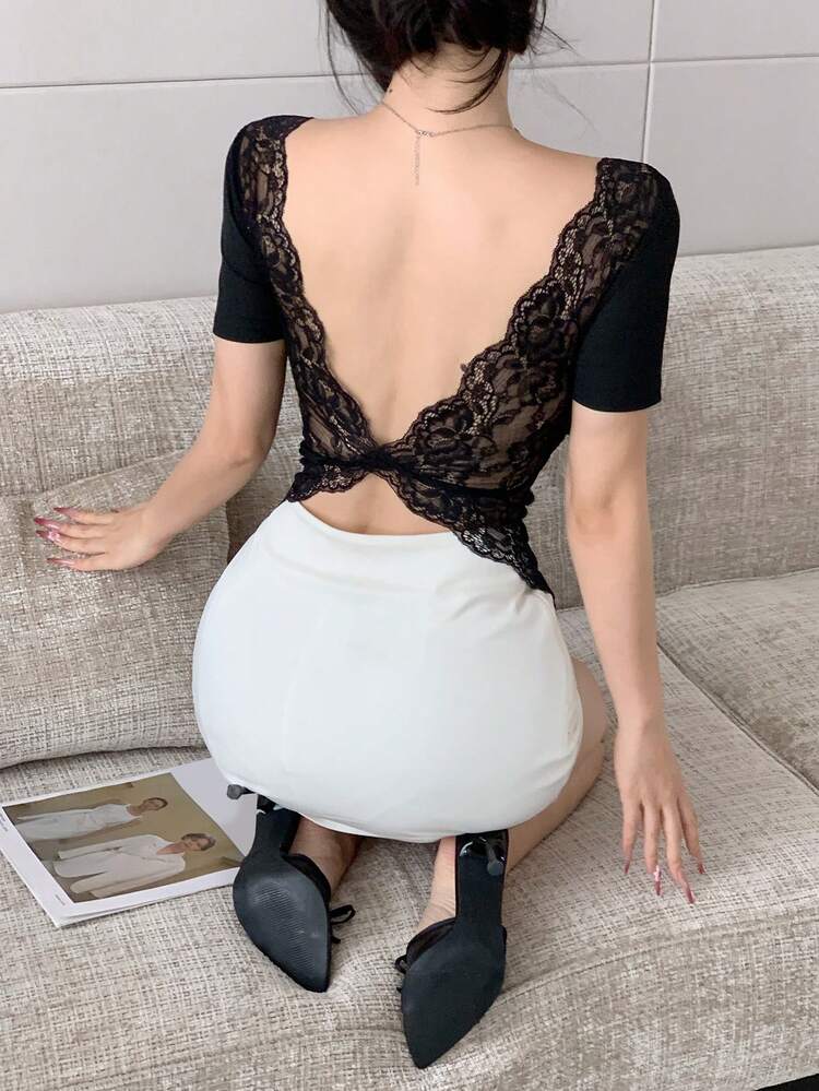 DAZY Women's Solid Color Round Neck Short Sleeve Back Contrast Lace Fashion T-Shirt School - Black - View 6