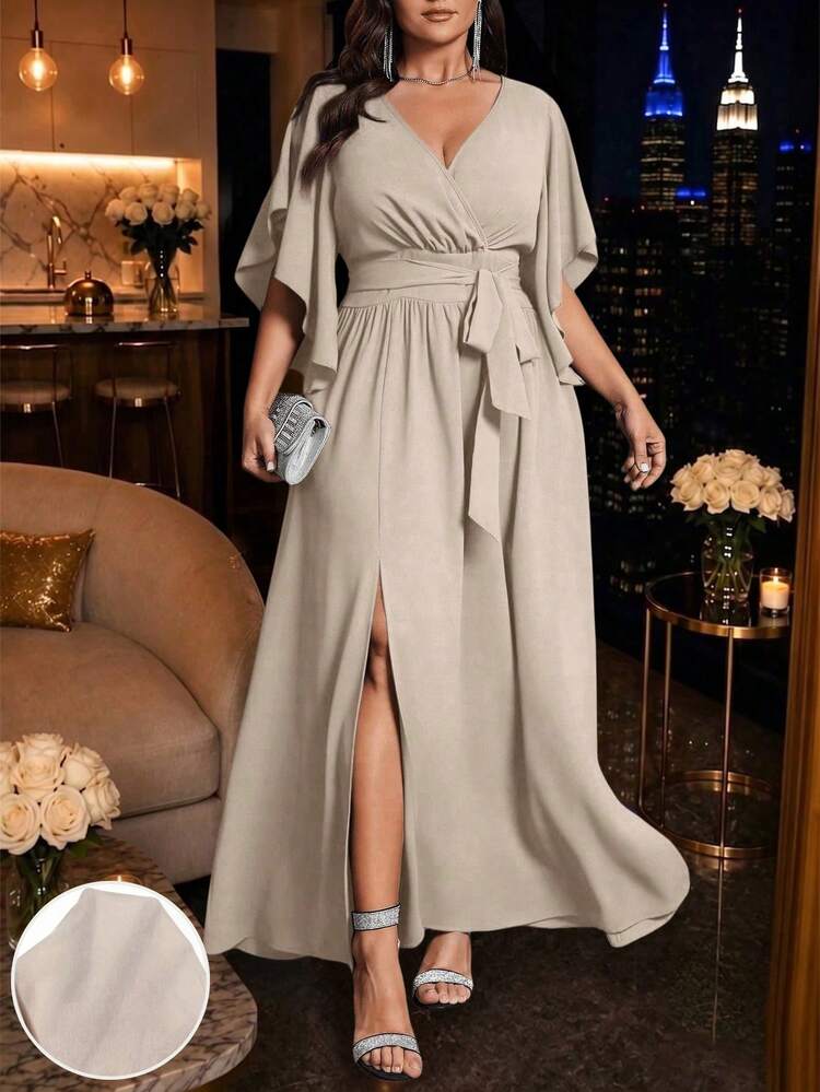 Auvina 加大码女式 V 领喇叭袖系腰荷叶边开衩连衣裙，优雅派对装 - 杏色 - 查看 1