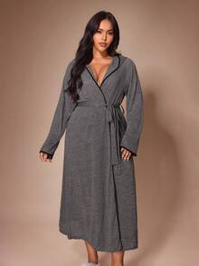 Lazeform Bata de descanso con capucha a rayas talla grande - Gris Oscuro - Ver 1