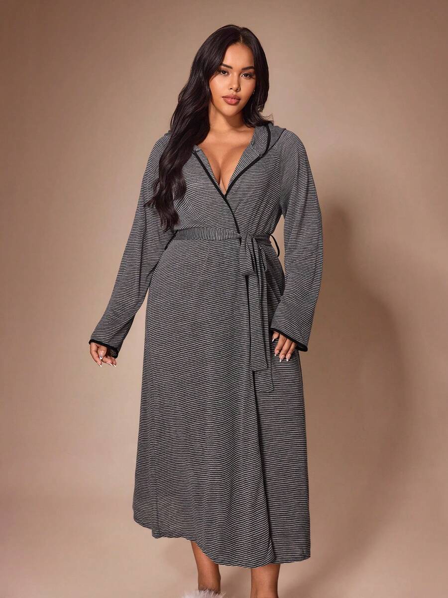 Lazeform Bata de descanso con capucha a rayas talla grande - Gris Oscuro - Ver 1