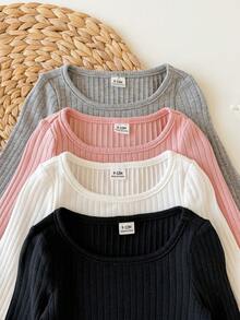 SHEIN 4pcs Baby Girl Casual Cute Knit Solid Color Long Sleeve Tops - Baby Pink - View 6