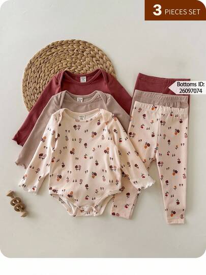 Baby Girl 3pcs Cute Casual Elastic Knit Floral Pattern Long Sleeve Autumn Bodysuits