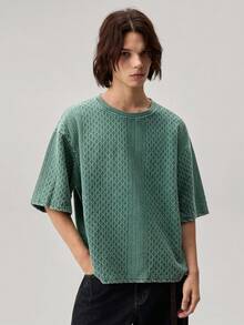 1pc Men's Green Summer Casual City Break Short Sleeve Tee,Textured Jacquard Fabric,Washed & Distressed Cotton T Shirt,Cropped Boxy Fit,Unisex Tops - Green - View 6