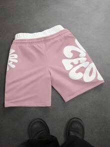 SLATEMANN Shorts de mezclilla para hombre con doble cintura, estampado en relieve, cordón de color contrastante - Rosa Pálido - Ver 2