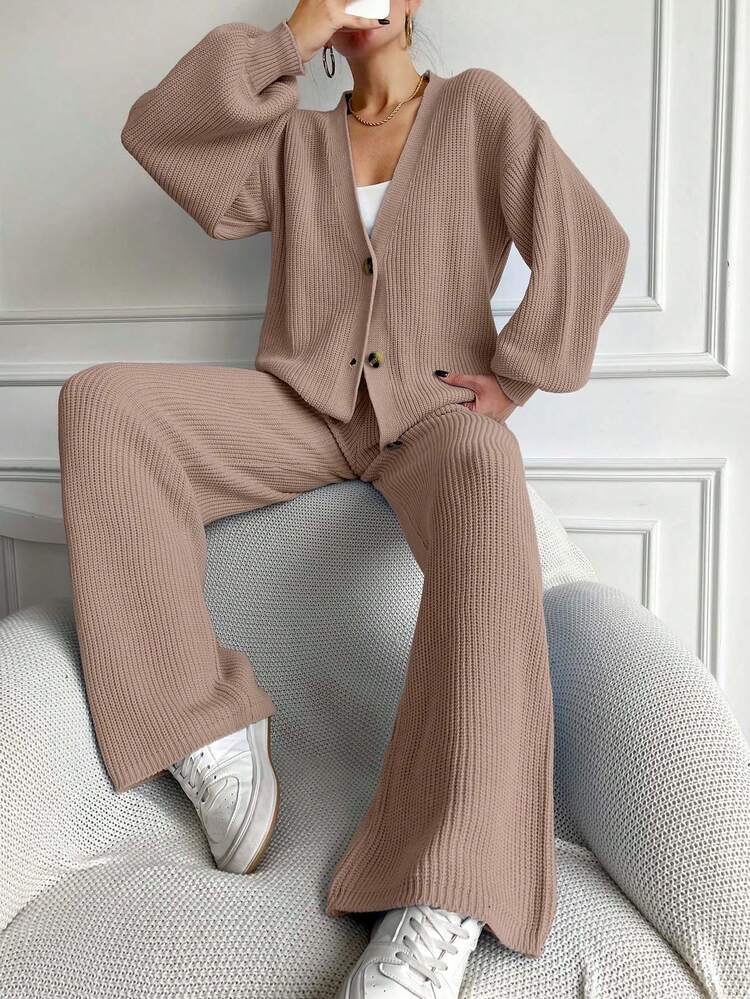 EURMUSE 2pcs Women's Solid Color Cardigan Sweater And Knit Pants Set,Petite,Winter Clothes - Baby Pink - View 5