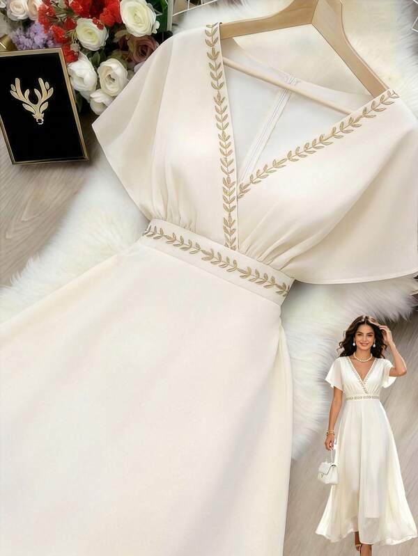 Velvienne Vestido de gasa con bordado pesado en color blanco roto, talla grande, cuello en V, cintura definida, estilo adelgazante, elegante para vacaciones