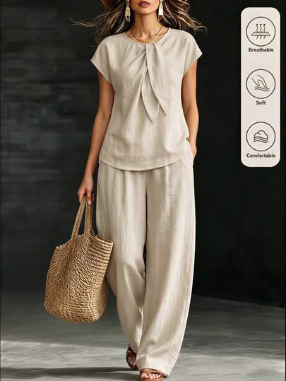 Franclia Asymmetrical Neckline Tie Loose Short Sleeve T-Shirt Bohemian Vacation Style Casual Wide Leg Loose Pants Commute Minimalist 2 Pieces Set